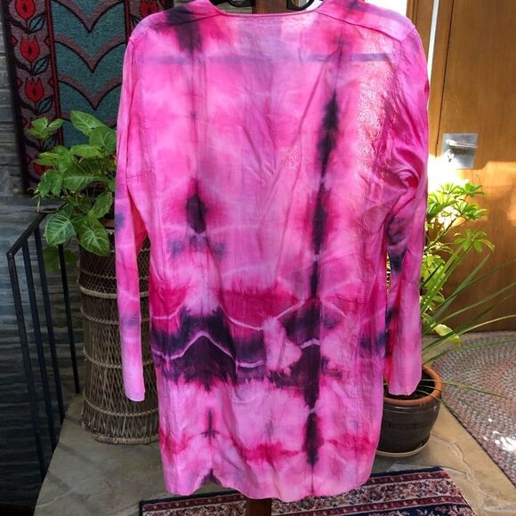 80s Vintage Indian Import V-Neck Tunic – Hand Dyed Pink, Red, Black size L - Picture 4 of 6